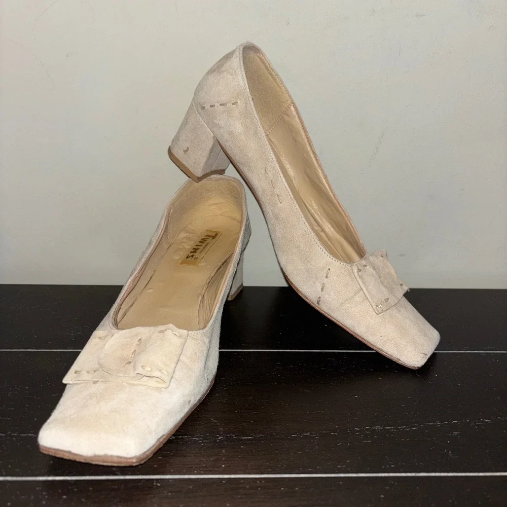 Camper Twins | Italy | Beige Suede Leather | Block Heel | Square‎ Toe | Pump - Picture 9 of 11